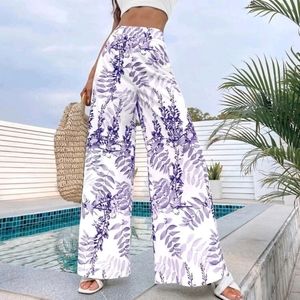 Purple tropical print wide leg pants